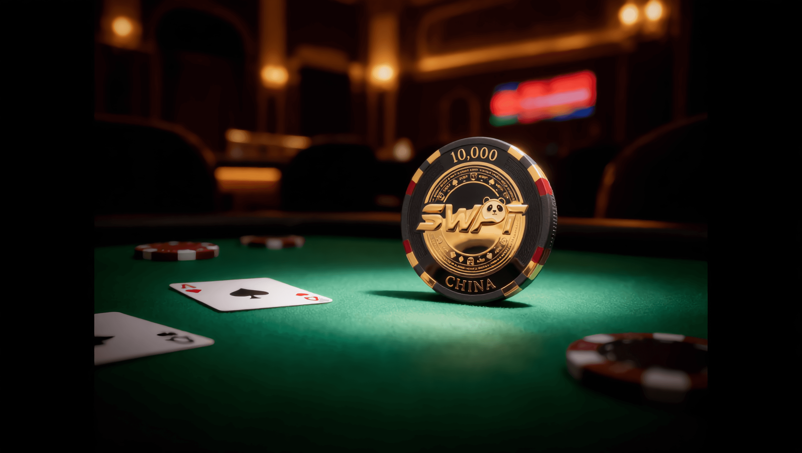 An SWPT chip standing on its edge in a tournament hall
