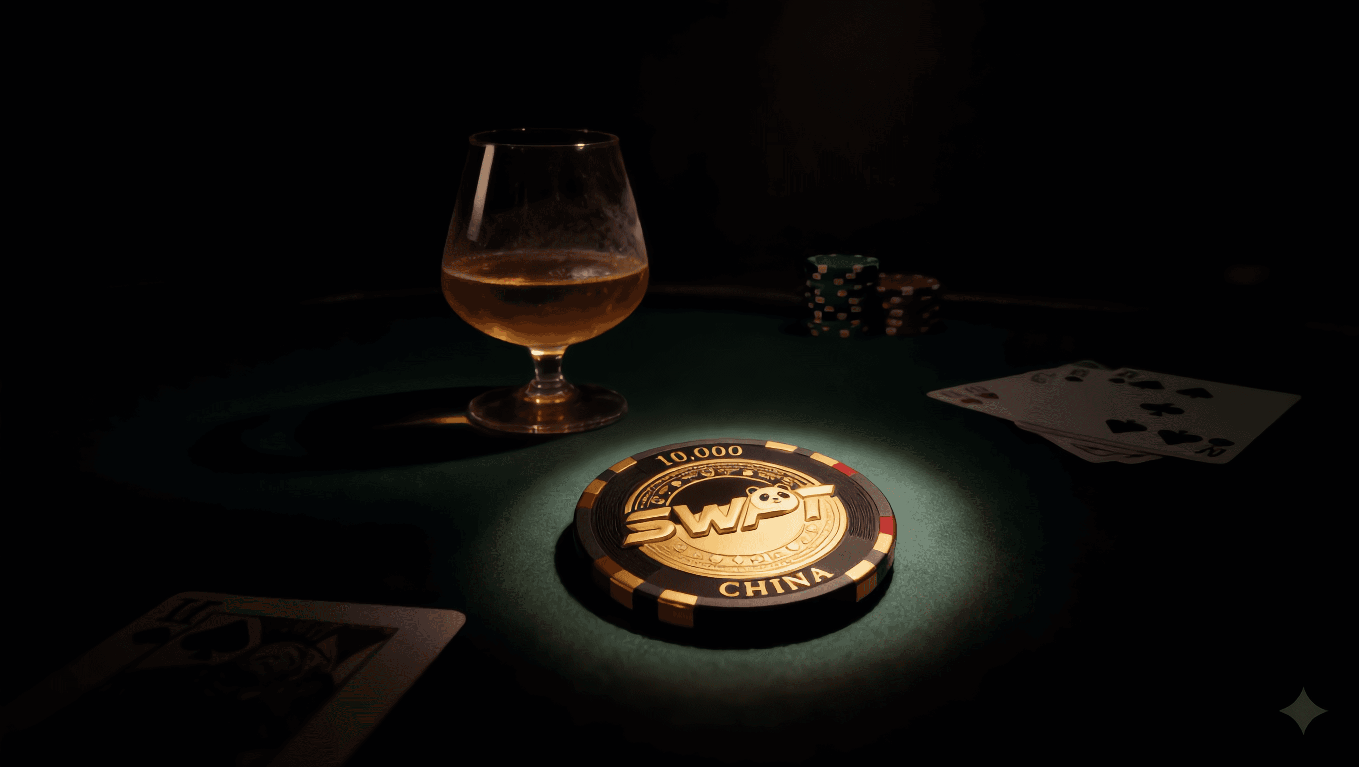 An SWPT chip on green felt beside a glass of brandy