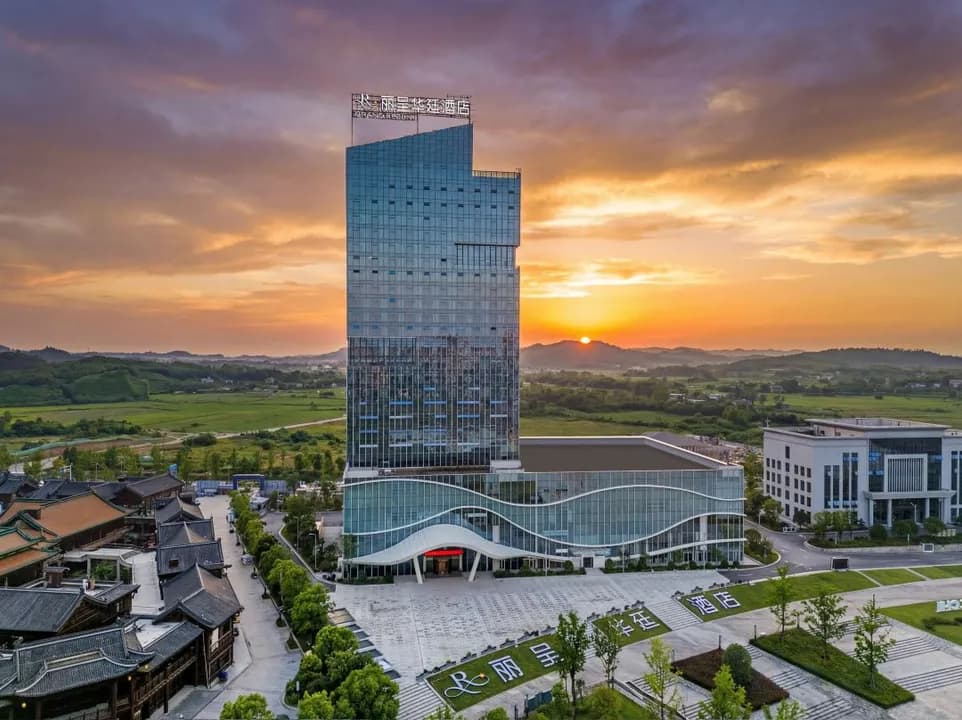 Grand Rezen tower and event hall at sunset